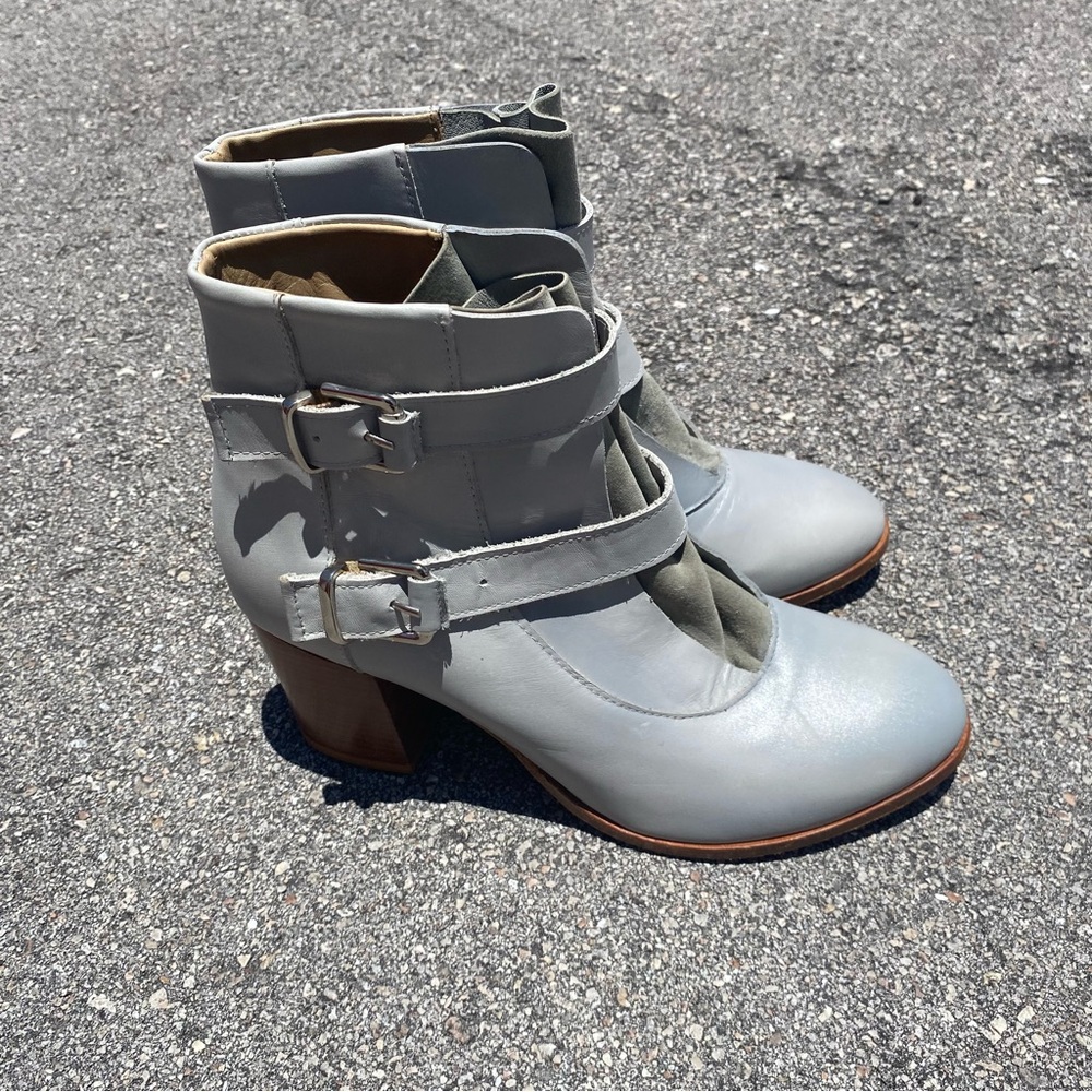 Thakoon Addition Genuine Leather Suede Blue Grey Buckle Heeled Booties Sizs 39